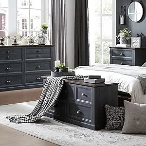 Farmhouse 5 Drawers Dresser for Bedroom, 45" Wide Chest of Drawers, 21" Tall Storage Closet Bench Storage Chest Storage Trunk, Wood Rustic Dresser for Closet, Living Room, Hallway, Dark Grey