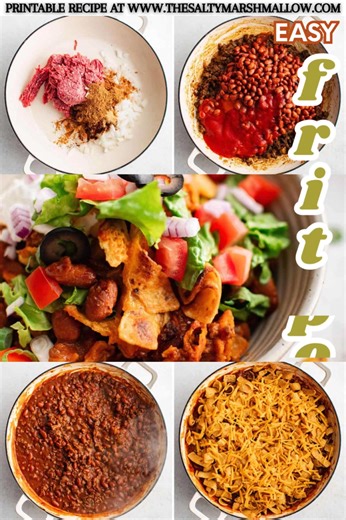 Recipe  Easy Frito Pie is a classic comfort dish ready in just 30 minutes! This one pot skillet meal is loaded with hearty chili, melty cheese, and topped with crunchy corn chips. Perfect to throw together and dig in! | The Salty Marshmallow | Facebook