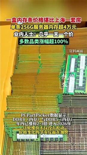 一盒内存条价格堪比上海一套房，单条256G服务器内存超4万元，业内人士：几乎一天一个价，多数品类涨幅超100%（鲁中晨报）