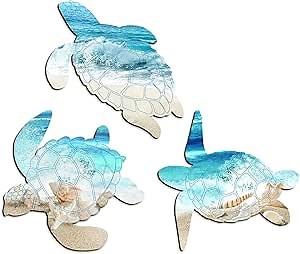 3 Pieces Wooden Turtle Wall Decor -Sea Turtle Wall Art- Ocean Beach Bathroom Wall Decors Sea Life Wall Art for Indoor Outdoor Bathroom Office Wall Decor