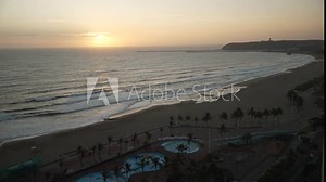 Elevated view of Indian Ocean, promenade and beaches in Durban at sunrise, Durban, KwaZulu-Natal Province, South Africa, Africa