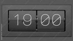 Flip clock quickly flips. Retro flip clock changing from 18:59 to 19:00.. Slow motion. Close up.