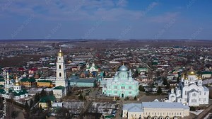 Cathedral Square Holy Trinity Seraphim-Diveevo monastery near belfry and Trinity Cathedral in Diveevo. Aerial drone footage