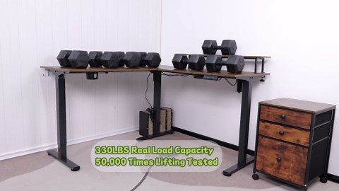 Flycity Electric L Shaped Standing Desk with File Cabinet, 59" x 59" Corner Computer Desk with Drawers, Dual Motor Stand Up Desk with Storage, Home Office Standing Desk Adjustable Height, Maple