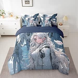 Japanese Anime Comforter Set Bed In A Bag Full Size 7 Piece, Anime Girl Cartoon Girl Bedding Set For Girls (1 Comforter, 1 Flat Sheet, 1 Fitted Sheet, 2 Pillowcase And 2 Throw Pillow Covers)