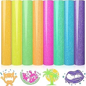 WRAPXPERT Neon Glitter HTV Heat Transfer Vinyl Bundle, 8 Packs Glitter Iron on Vinyl for Shirts, Sparkle 12''x10'' HTV Vinyl with Hot Pink/Neon Green/Yellow/Teal/Purple for DIY Clothes, Fabrics