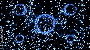 Animation with moving stream of bubbles and large circles. Design. Balls in space with distortion of flow of bubbles. Stream of bubbles rises in space and circles around