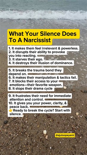 When you go silent, the narcissist loses their grip. No reaction, no access, no control. #SilentStrength #everyone #HealingFromNarcissists | Ajulo Opeyemi