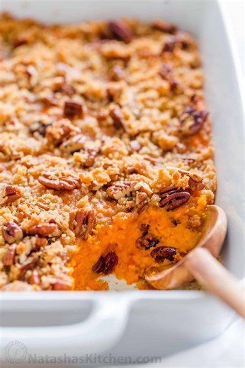 This is my sister Tanya’s recipe, and it is famous at our family’s holiday dinners. Recipe: https://natashaskitchen.com/sweet-potato-casserole/ | NatashasKitchen.com