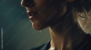 Intense female athlete experiencing physical exertion, perspiration dripping down chin during challenging workout, revealing unwavering dedication to fitness and personal strength goals
