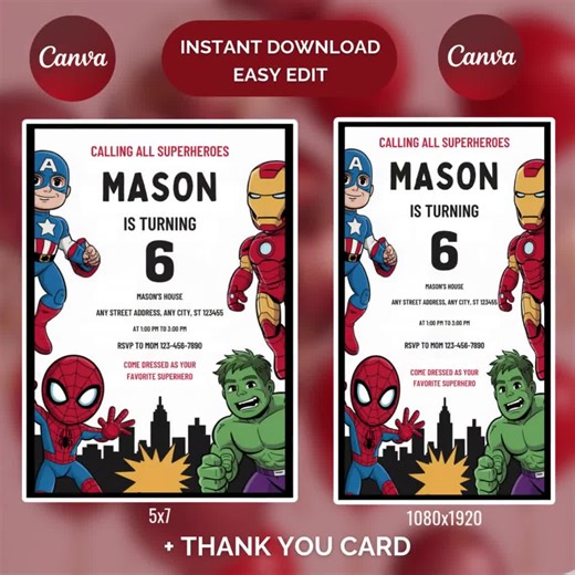Superhero Birthday Invitation: Avengers & Spider-man, 5x7 (canva Template) - Etsy