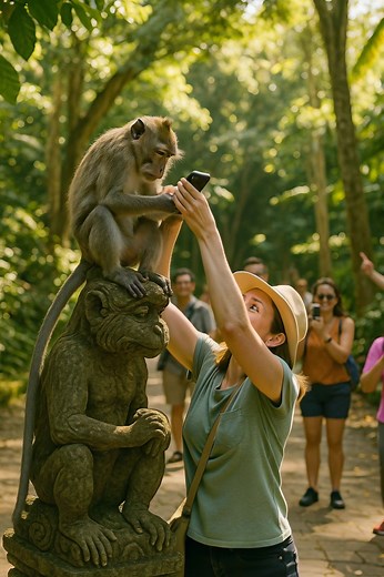 🐒 🙈 Elle était venue pour une belle photo, mais le singe avait d’autres plans. La chaleur était telle que l’air tremblait. Les touristes flânaient lentement sur les sentiers, prenaient des photos, achetaient des noix de coco à des vendeurs épuisés. Emma tenait son téléphone, essayant de capter le signal — quelque part entre les palmiers, Internet semblait vivre sa propre vie. Le soleil lui brûlait le crâne, la sueur perlait sur sa peau, et au loin flottait une odeur d’épices et de mer. Elle s’