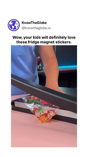 KnowTheGlobe on Instagram: "This video demonstrates a creative and satisfying DIY process using a professional button-making machine to craft custom fridge magnets. The footage begins with a batch of colorful gummy bears being flattened into thin, sticker-like sheets, which are then placed into the circular die of the machine. The operator carefully layers a metal shell, the gummy bear graphic, and a protective Mylar film before rotating the base and applying firm pressure with the red handle. I