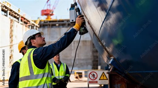 Medium shot of workers inspecting ship hull in dry dock during scheduled maintenance operations showcasing industrial safety and precision.