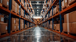 Logistics center warehouse business industry shipping distribution storage delivery packages cargo retail shelf container cardboard box freight stock transport technology hangar indoor