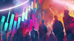 Stock market abstract finance background with motion graph, chart bars and financial information.
