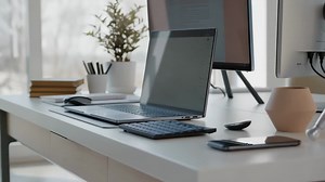 Modern Home Office Desk Setup with Laptop and Monitor | Premium Stock Video Footage