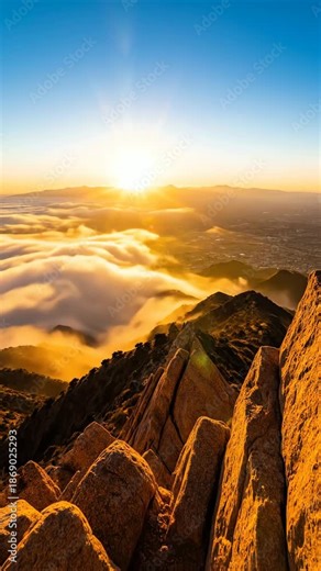 地平線に暖かい夕焼けが広がる、雲海と山脈の見事な夕焼けの景色