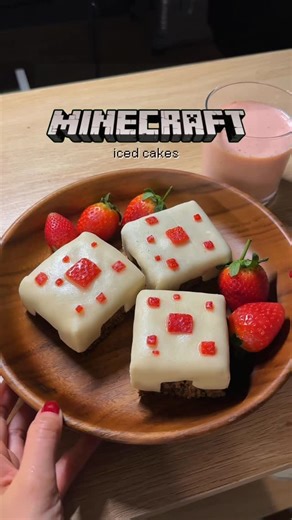 Sharmaine Siu on Instagram: "Iced Strawberry Cakes from Minecraft 🍰 Banana bread blocks (gluten free & healthy!) RECIPES IN BIO 🍓 What should I make next? #gaming #videogames #recipe #baking #cooking"