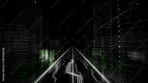 Exploring Digital Computer Program World Binary Code City. Computer Program Hacker Shows Projection Of Word Hackathon In Cyberspace World. Computer Program World Connection Concept Animation. Software