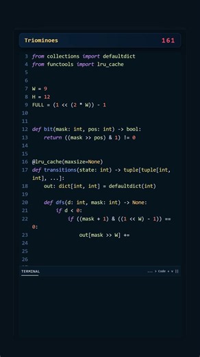 Project Euler #161: Triominoes | Python #coding #python #programming