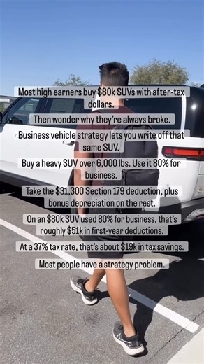 Preston Seo | Legacy Investing Show 💸 on Instagram: "I see this pattern with every high-income client who walks through the door. They’re making $400K+ a year. They bought an $80,000 SUV with money they already paid 37% tax on. And they’re confused why their wealth isn’t growing faster. The vehicle is the same. The strategy is completely different. Section 179 lets you deduct up to $31,300 immediately on heavy vehicles (over 6,000 lbs GVWR) used for business. Then bonus depreciation kicks in at