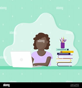 Child girl using a laptop computer device. Laptop computer device, books, and supplies office on desk. Online education. Back to school. Vector illust Stock Vector Image & Art - Alamy