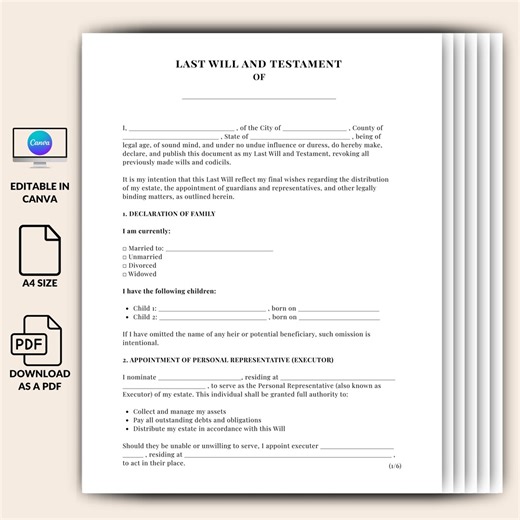 Last Will and Testament Template, Editable Printable Will Form, Simple Last Will and Testament UK & US, Living Will, Funeral Document - Etsy Australia