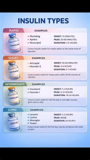 𝐄𝐗𝐏𝐋𝐎𝐑𝐄 𝐍𝐔𝐑𝐒𝐈𝐍𝐆 🎯✨ | 💉 INSULIN TYPES – COMPLETE & EASY GUIDE 🔵 Understand RAPID, SHORT, INTERMEDIATE & LONG-ACTING INSULIN ✔ Examples ✔ Onset ✔ Peak ✔ Duration... | Instagram