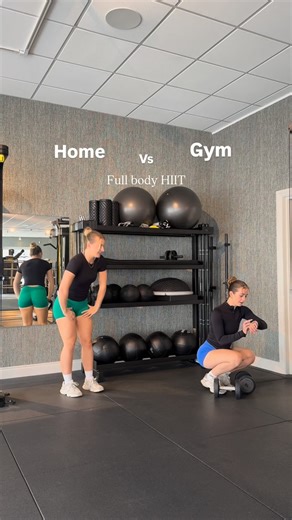 Zoë & Emily on Instagram: "Full body HIIT 🥵🔥 (home vs gym) A high energy HIIT workout you can do at the gym with equipment OR from the comfort of your own home using just your bodyweight!🏡 Workout details ⬇️: (45 seconds on | 10 seconds off) - In & out squats vs Suitcase squat to knee drive - Inchworm vs Ball slams - Press up to row vs DB press up to row - Mountain climbers vs Alternating DB v-sits - Butt kicks / High knees vs Kettlebell swings REPEAT X 3 💕💪🏼 As always let us know if you