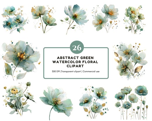 26 Abstract Flower Clipart Bundle, Watercolor Abstract Green Flower Clipart, Floral Png, Mint Green and Gold Flowers Png, Digital Download - Etsy Australia