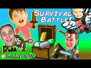 MINECRAFT Battle Game! Who Steals Treasures? Build+Survival Mode, Big Bros Vs. Little HobbyPigTV