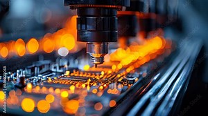 The CNC milling machine cutting the metal shaft with the sparking light. The hi-technology manufacturing process