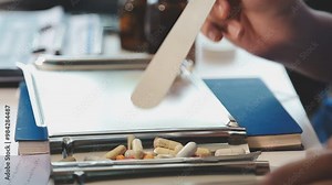 Healthcare, pharmacist or hands for counting tablets, pills and supplements on stainless tray. Person, employee and medicine in pharmacy for sorting, preparation and quantity check of prescription