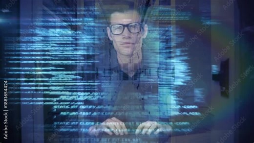 Software coder pressing keys on laptop, showing code flow via animated blue code swirling corridor