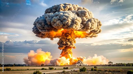 Massive nuclear mushroom cloud explosion erupts over a barren landscape during daytime