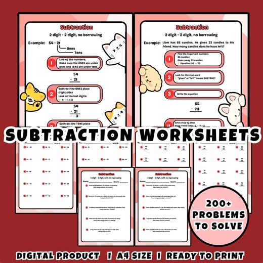 2nd Grade Subtraction Math Worksheets – Printable Learning Activity for Kids - Math Practice & Homeschool - Etsy