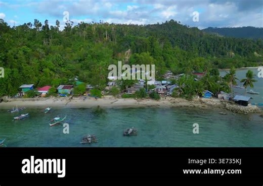 Port Barton village, Palawan, Philippines, featuring traditional boats resting on clear turquoise water next to a sandy beach. descending panorama drone Stock Video Footage - Alamy