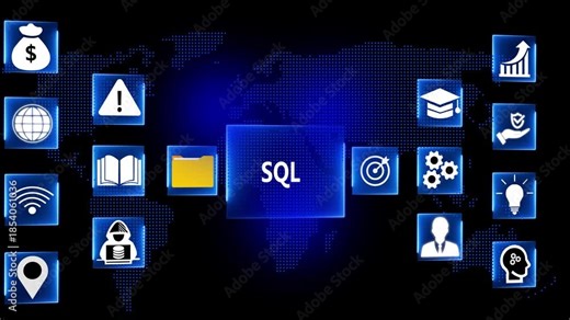 S Q L database technology concept with global network icons and business analytics symbols digital interface