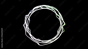 Circles with a white outline are distorted in shape and, when distorted, change color to blue, green, purple, yellow. Animated circular element with free space in the center.