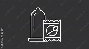 Contraception white line animation. Condom contraceptive animated icon. Pharmacy aids. Latex birthcontrol. Isolated illustration on dark background. Transition alpha video. Motion graphic Stock Video