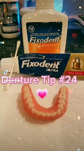 Denture Tip #24 💗 #dentures #dentureadhesive #dental #dentalcare #denturegang #eday #dentureadventure #fixodent