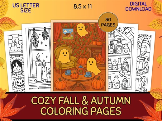 Cozy Fall Autumn Coloring Pages, Holloween Coloring Sheets for Teens and Adults, Bold and Easy Coloring for Stress Relief, Digital Download - Etsy