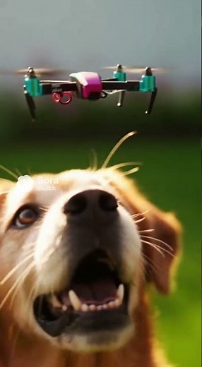 A curious dog discovers a small, colorful drone hovering above the grass