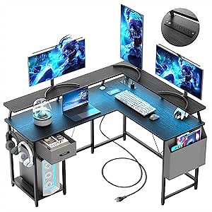57" L Shaped Gaming Desk with Storage, Computer Desk with Drawers for Home Office, Corner Desk with Power Outlet USB Ports & LED Strip and Monitor Stand, High-Density Fiberboard, Black