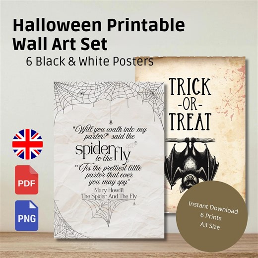 Halloween Printable Wall Art Set | 6 Black & White Spooky Prints | Minimalist Halloween Deco - Etsy