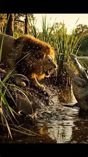 A lion and a alligator fight #lion #wildlifeentertainment #animals #animallife #wildanimals#wildlife