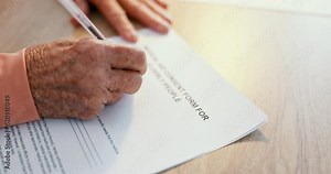 Senior person, hand and medical document for healthcare agreement, contract signature and legal information. Elderly patient or client with consent form, insurance and partnership deal on print paper