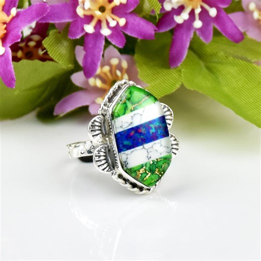 Aurora Opal Ring: Gemstone Inlay Band- Iridescent Fire Ring- Handmade Sterling Silver Jewelry - Etsy