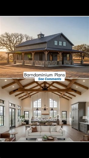 Metal Building Homes on Instagram: "Step inside this grey barn home with open living and stone accents!"